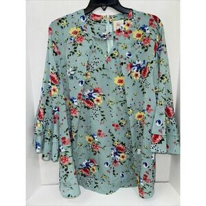 Grace & Emma Shirt Women's Size Large Blue Flower Pattern 3/4 Sleeve Blouse